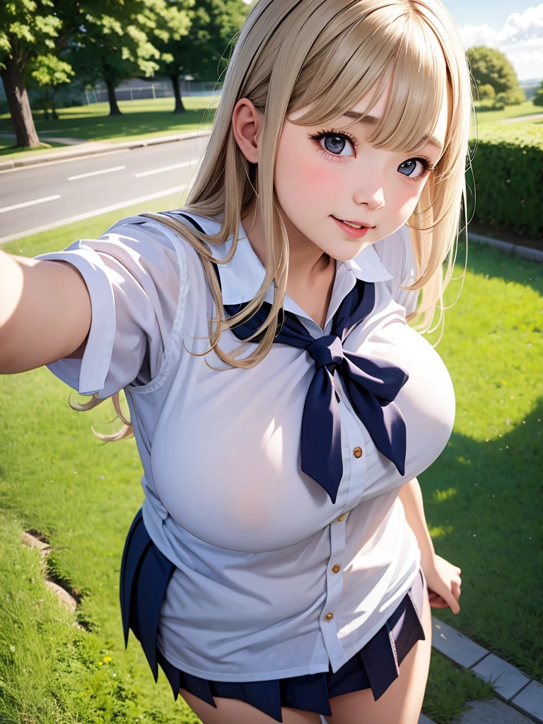 (best quality, detailed), ((cute)),(((****))), 1girl, (big breasts),outdoor,(orgasm),pay attention to the chest, orgasm,(school uniform),(realistic),student,wet,baby face, , pov, looking at viewer, ,((vulgarity)),standing,pov,(blonde hair),smile