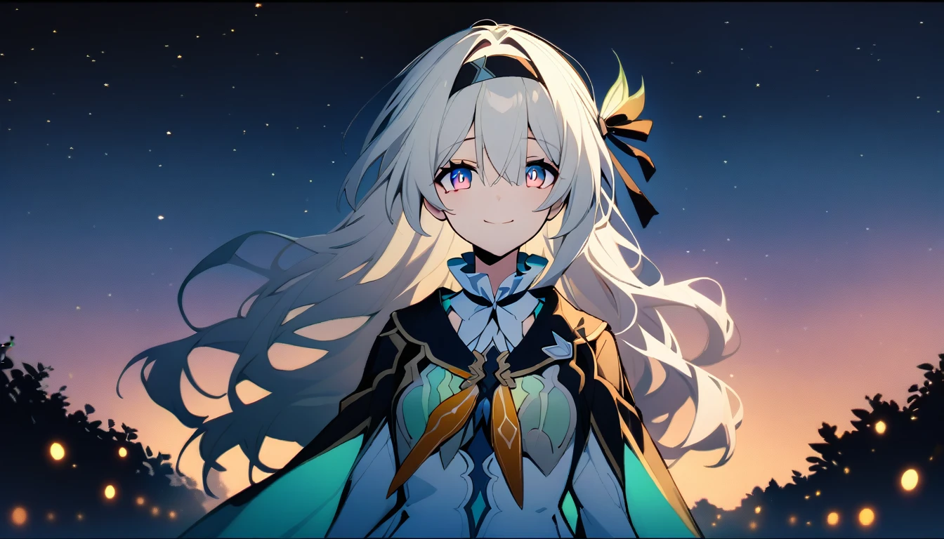 masterpiece,Best Quality,Firefly \(collapse: star rail\), 1 girl, lonely, sky, star_\(sky\), looking_exist_viewer, smile, long_hair, starry_sky, blue_look like, hits, evening, hairband, evening_sky, closure_boca, white_hair, long_manga, negro_hairband, down_hair_decorations, hair_decorations, Skirt, hair_in between_look like