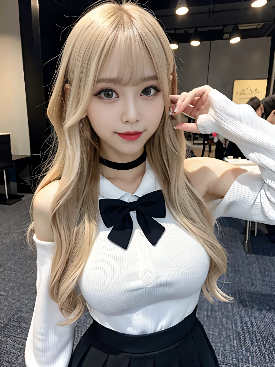 Black mask,pink shirt,cosplay, jirai kei, bangs, black skirt, looking at viewer, bow, long sleeves, choker, ribbon,pink lips
( masterpiece, Highest quality), 98k, ((Perfect Anatomy:1.3)),Beautiful Japanese Woman, Succubus,alone, 18-year-old, Small face,Cute Face:1.2,smile, Large breasts, ,Beautifully detailed round eyes, Evenly spaced 1.2, Platinum blonde long hair,Random Hair, (Highly detailed face and skin texture), Golden ratio beautiful face,White skin,Accentuate your beautiful legs,Cheerleader in a white mini dress,Random sexy poses, sunny day,(Stand like a model:1.3)