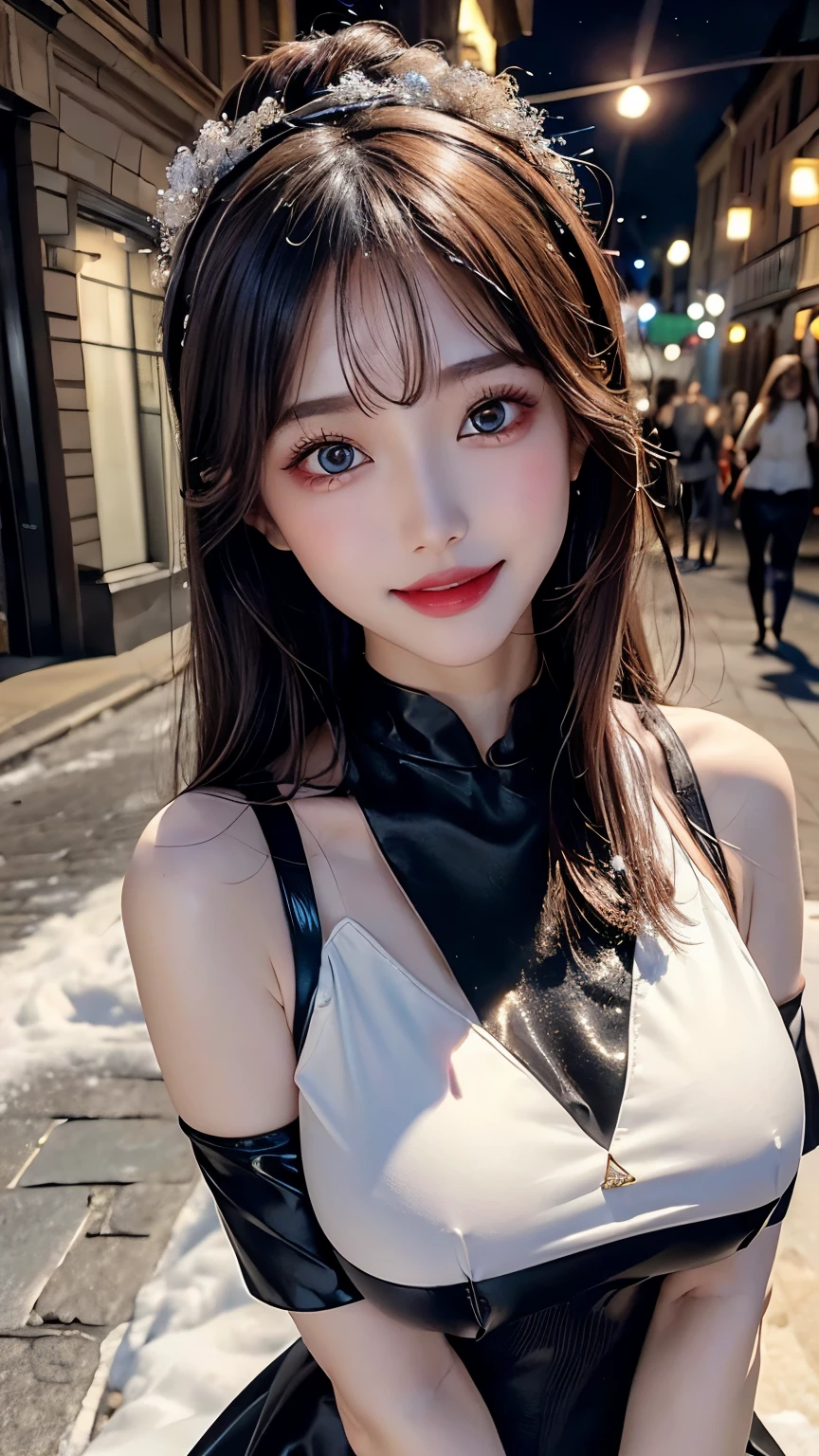 hight resolution、high-level image quality、8K、Real live-action、(((masutepiece:1.4, Best Quality:1.4)))、Physically Based Rendering, Portrait, Super Beautiful  Woman, 18year old, Detailed Big Eyes, Detailed thin eyebrows, Highlights in the eyes, Half Up Dark Brown Hair, Highly detailed facial and skin texture, Crisp focus, Clear focus:1.2, Slender beauty:1.4, ((:1.5)), Slim abs, oval-face, Lip gloss, Clear facial features, Gentle smile, Standing、(((tight black lame dress)))、Lifting the dress yourself,  shoulders, No shoulder strap, Sleeveless, Without arm cover, ((Cobblestone streets of European streets at night:1.4)), Warm street lamps,(((Beautiful alignment and snow-white teeth)))、Sparkling eyes、sparkly eyes、Shiny lips with lip gloss、