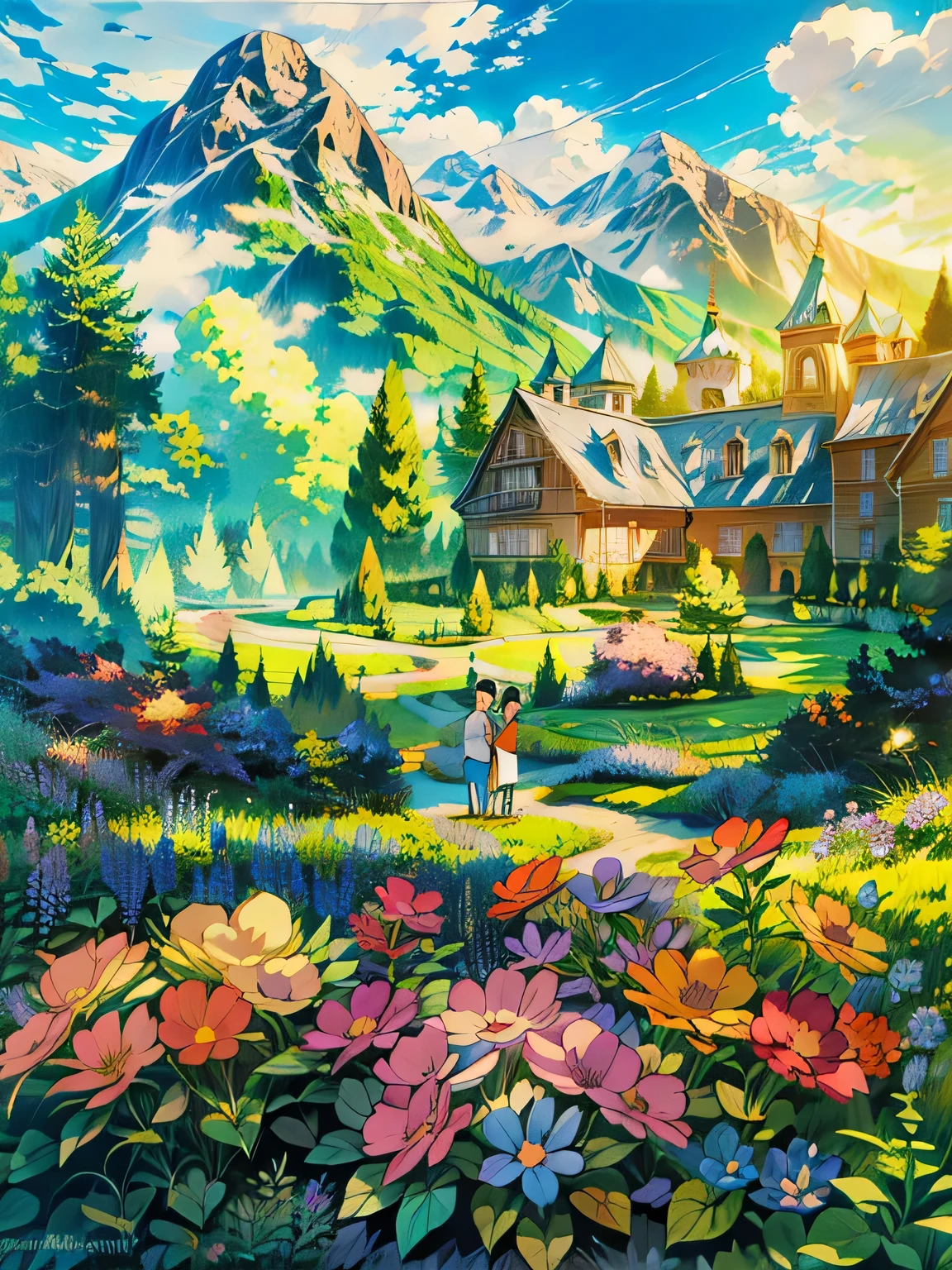 masterpiece, a painting of a flower garden with a castle in the background, thomas kinkade style painting, ( ( thomas kinkade ) ), ross tran. scenic background, thomas kinkade painting, romanticism landscape painting, colorful landscape painting, beautiful fantasy painting, anime landscape, anime nature wallpap, tomas kinkade, background of flowery hill, style thomas kinkade
best quality,ï1/4, (forest:1.5). Put a couple , holding hands ,sweet 