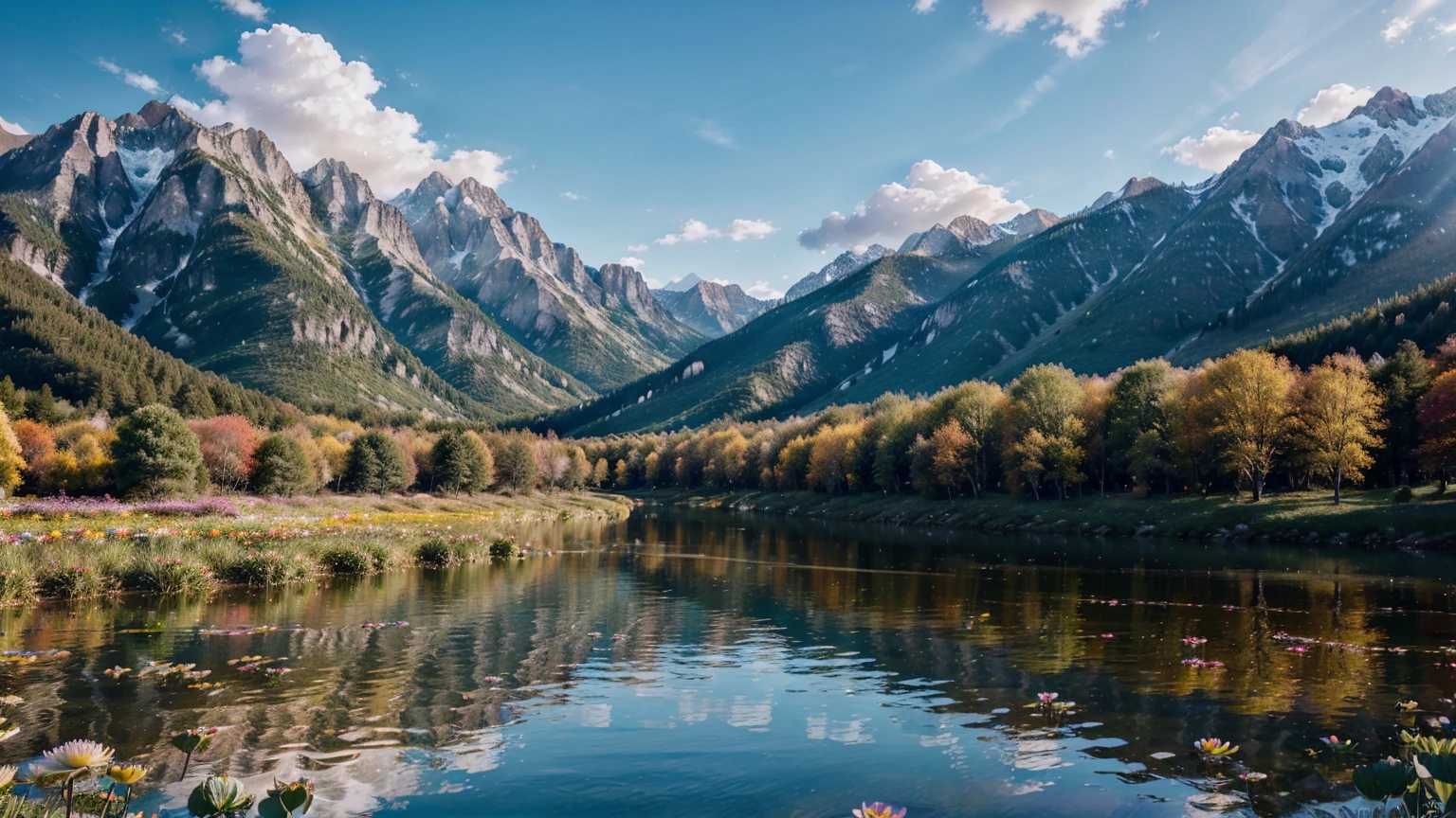(create an ultra-high definition, hyper-realistic, highly detailed, high-quality image, sharp focus, professional lighting, vivid colors, warm tones and intricate details, representing in detail a beautiful valley on a sunny day, with lake high mountains in the background, water lilies and crystal clear water reflecting the clouds in the sky, colorful flowers, lively atmosphere and relaxed attitude, meticulously capturing every intricate detail), Fujifilm XT3 sharp focus, professional lighting, vivid colors, intricate details, film grain, Fujifilm XT3 realistic painting art, f5.6, physically-based rendering, natural lighting, cinematic lighting ,dramatic lighting, professional, dynamic movement, colorful lighting, vibrant colors, studio lighting, professional photography, cinematic composition, symmetrical framing, landscape, (best quality,4k,8k,16k,Highest,masterpiece:1.2),(realistic,photorealistic,photo-realistic:1.37), (extremely detailed CG unit, 16k wallpaper), (ultra-high definition, hyper-realistic, highly detailed, high-quality image, sharp focus, professional lighting, vivid colors and intricate details), Utilize state-of-the-art deep learning models and adjust parameters according to quality metrics such as Structural Similarity (SSIM) and Perceptual Loss to create an image that is indistinguishable from a real, high-quality photograph, Make sure the scene looks natural and that the young woman is harmoniously integrated into the environment, (fine-tuning), (be creative),