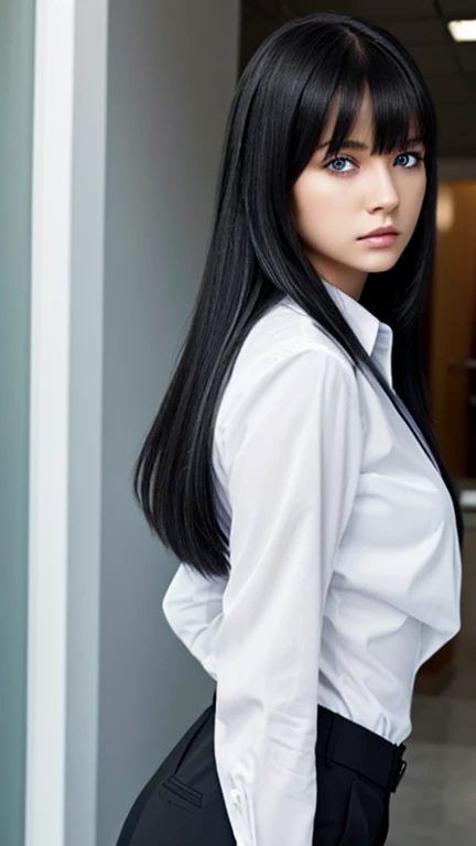 young woman,Very long straight black hair,blue eyes,Eyes are hidden by bangs,Black office suit,White shirt,Waist up shot,Sulky look