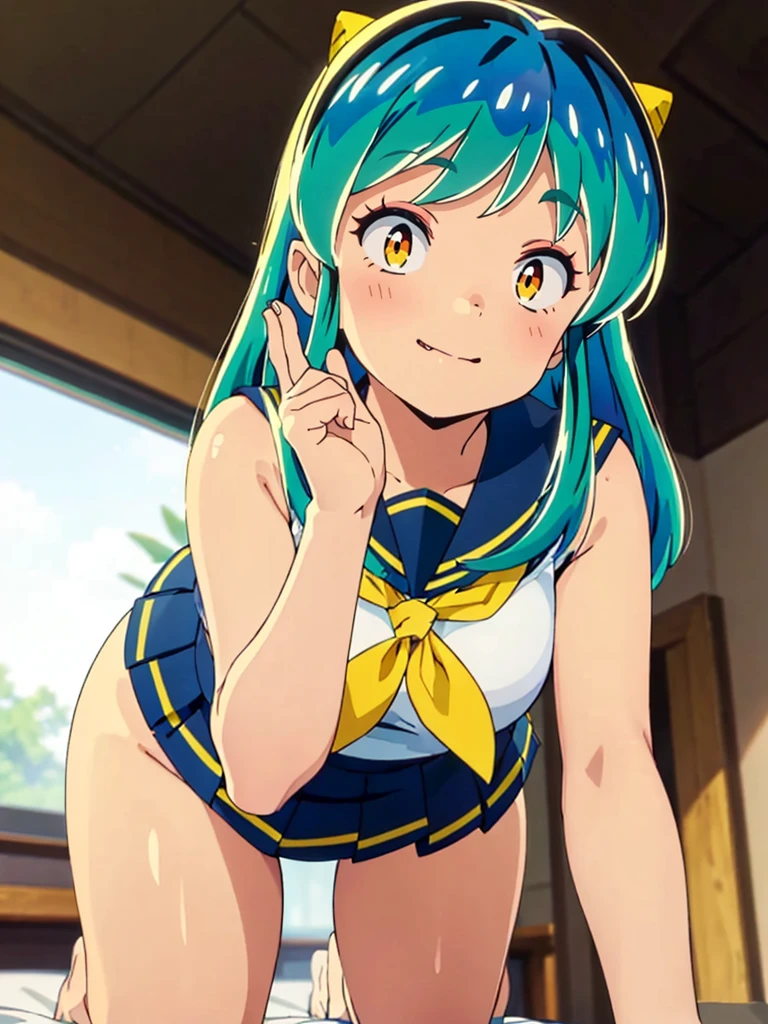 masterpiece, Highest quality, 1 Girl, Lum、 Mature、Sailor suit、Navy Skirt、On all fours、Watching the audience、smile、From below,  From before, anime, blush, sexy、 High definition, Yellow neckerchief, Point, Bedroom, Green Hair, Hand up