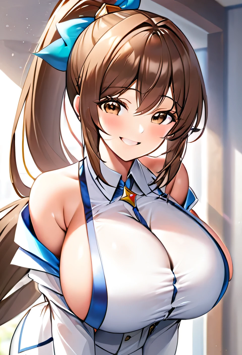 White suit,Big Breasts,Super Breasts,Brown Hair,Long Ponytail,Smile