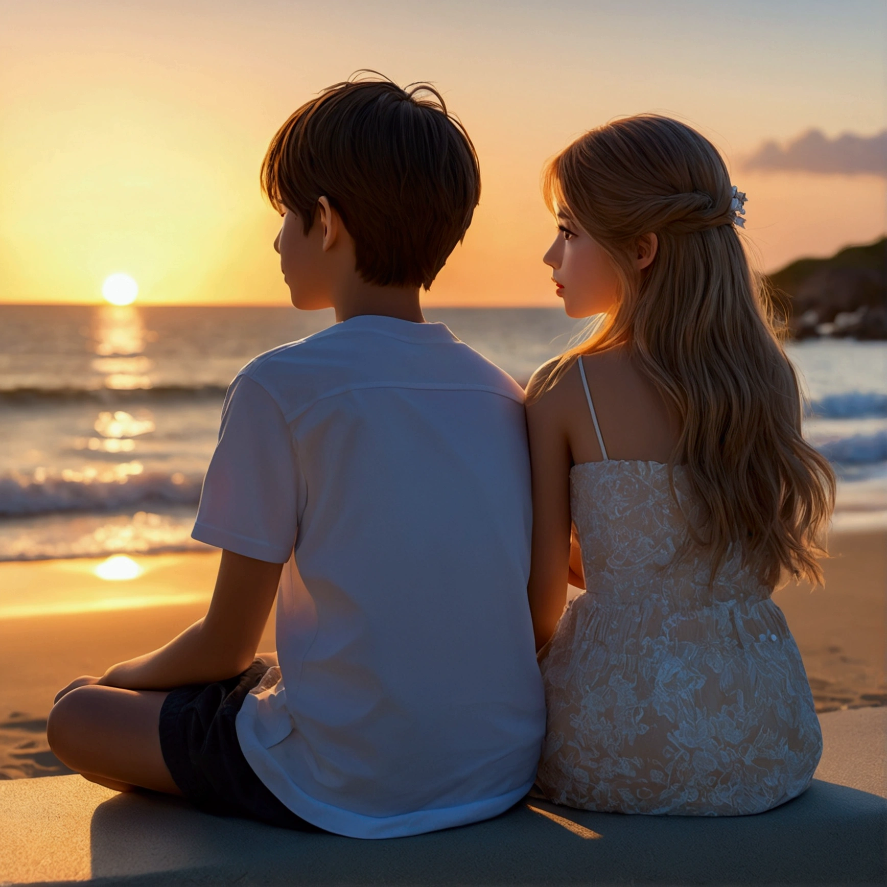 Please a jungle near the a beach and there will a tent house.and under the house a girl and a boy.girl wear a white grown and boy only wear a paint whithin shirt and together romance on a bed and bedsheet is white colour under the house and kissing together and hugging together tightly. And that is morning background. There alone together. That beach.near a cup of straberry.