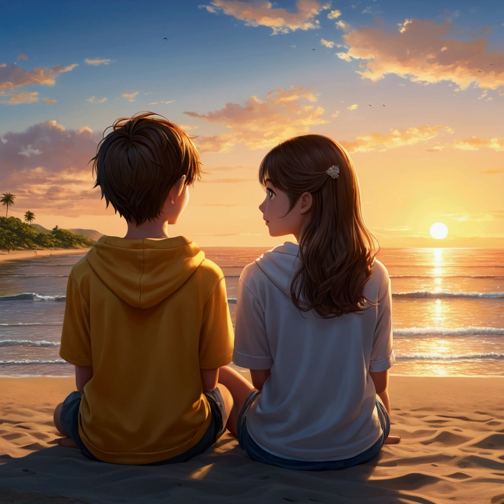 girl and boy together, sitting together, back to back, facing the beach, gazing at the sunset, anime-style. (best quality,4k,8k,highres,masterpiece:1.2),ultra-detailed,(realistic,photorealistic,photo-realistic:1.37),illustration,detailed eyes, detailed lips, vivid colors, beach scene, golden hour lighting