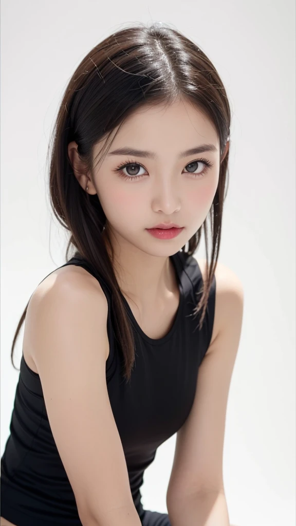 (((forehead、Northern Europe、White、beautiful girl、Black Hair、White Background、training wear、cute、young、True Face、Shiny Hair、whole body)))、Tabletop, Highest quality, shape, Very detailed, finely, High resolution, 8k wallpaper, Perfect dynamic composition, finelyて美しい目, Deco Out,blonde, chest, Natural color lip,White Background, random cute poses,