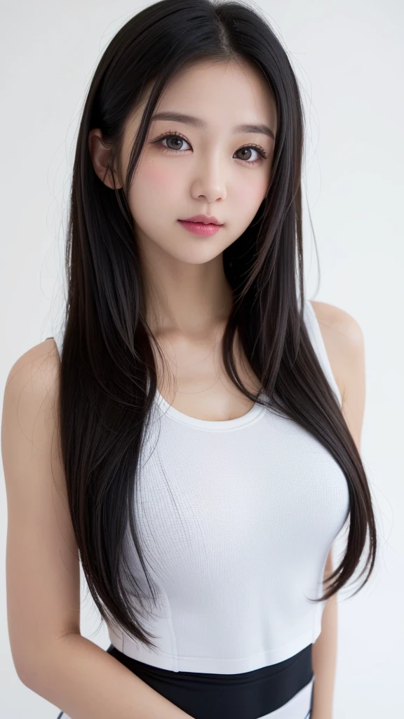 (((forehead、Northern Europe、White、beautiful girl、Black Hair、White Background、training wear、cute、young、True Face、Shiny Hair、whole body)))、Tabletop, Highest quality, shape, Very detailed, finely, High resolution, 8k wallpaper, Perfect dynamic composition, finelyて美しい目, Deco Out,blonde, chest, Natural color lip,White Background, random cute poses,