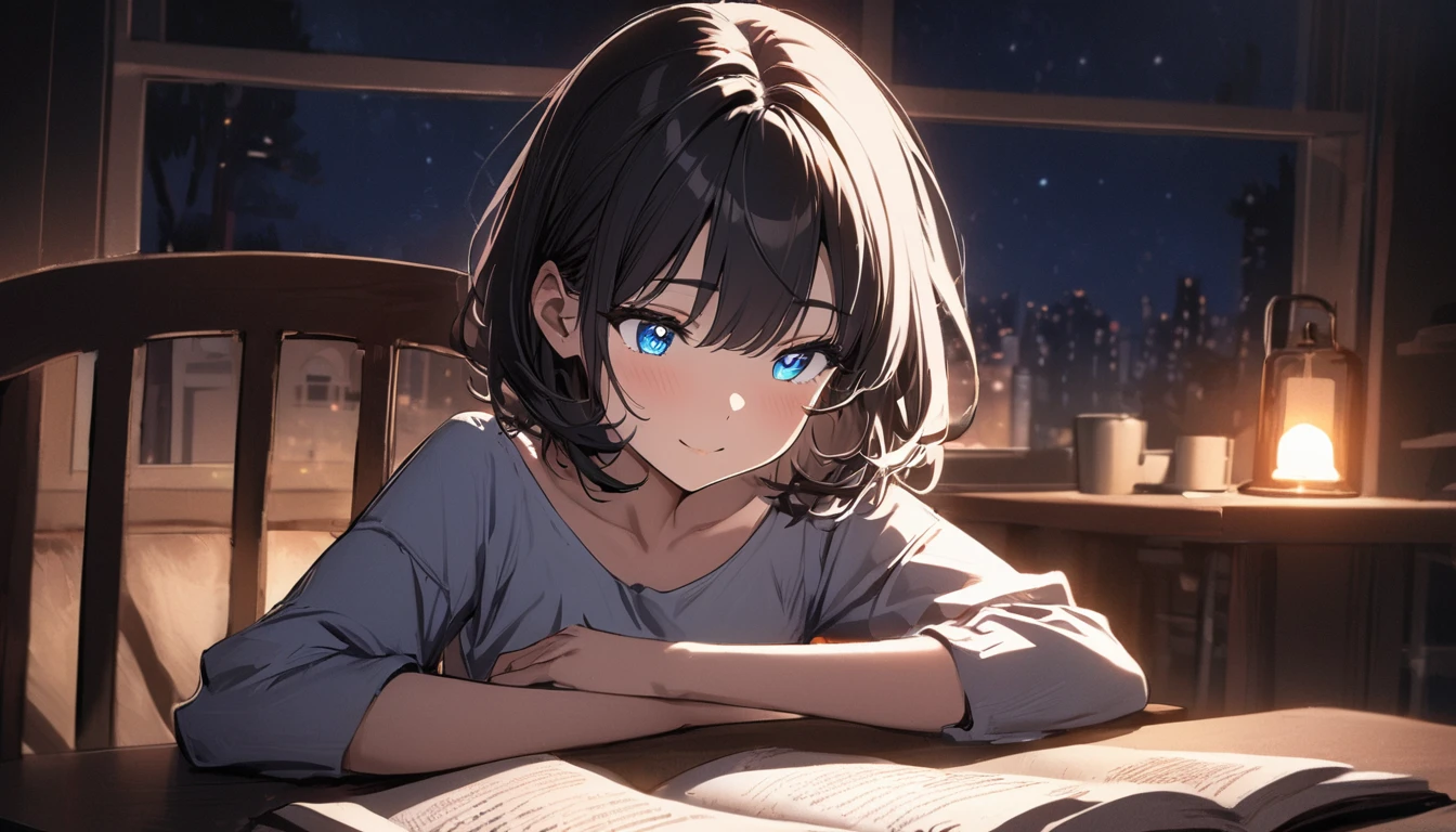 1girl, solo, blue eyes, (detailed eyes), gentle smile on her face flat chest, short hair, black hair, (masterpiece), (Masterpiece), Top quality, Perfect face, Expressive eyes, Knotty hair, Blue eyes, Cute girl, Reading book, (Night), Cosy lights, Perfect lighting, Trace light, Warm colours, Chair and table, Soft, Delicate, Tender, Night, Contrast, Vivid colours INFO