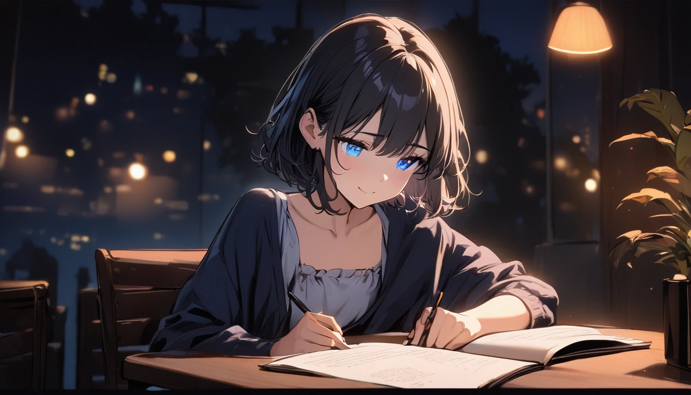 1girl, solo, blue eyes, (detailed eyes), gentle smile on her face flat chest, short hair, black hair, (masterpiece), (Masterpiece), Top quality, Perfect face, Expressive eyes, Knotty hair, Blue eyes, Cute girl, Reading book, (Night), Cosy lights, Perfect lighting, Trace light, Warm colours, Chair and table, Soft, Delicate, Tender, Night, Contrast, Vivid colours INFO
