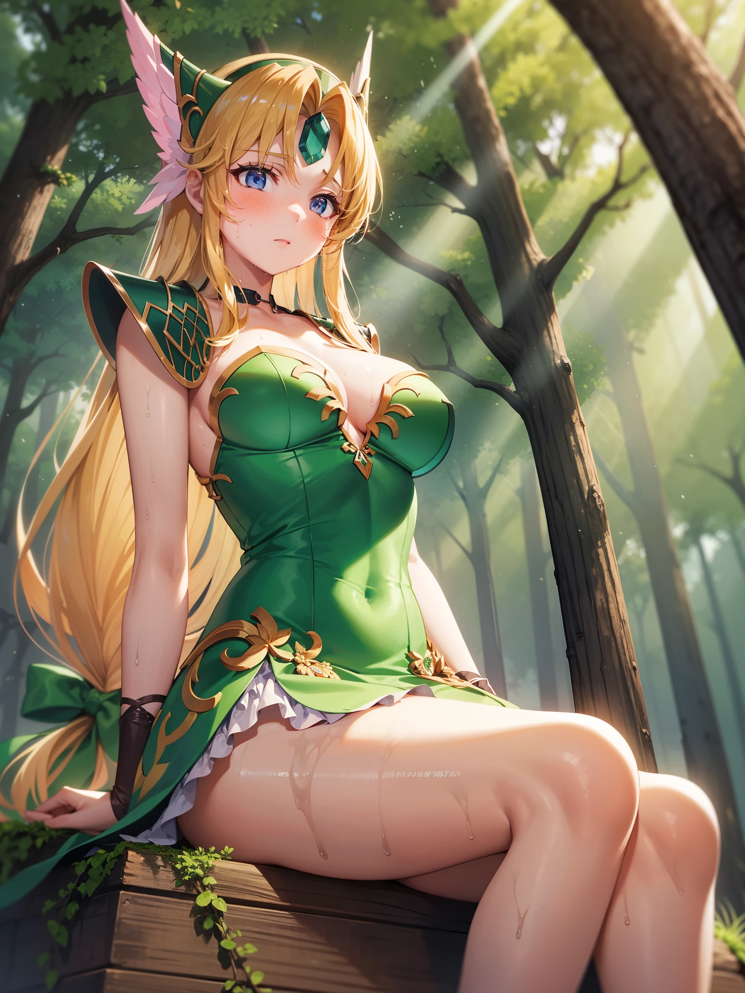 One girl,lease,Green shoulder armor, sweating,blush,vapor, Cleavage,Wet body, Inverted hair,Underarm,greasy Underarm,smooth Underarm,in the forest,Sitting on a tree stump,Crossing your legs,From below