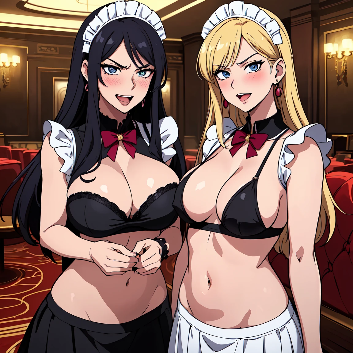 2girl, two girls, (shoujo-style), ((detailed hair, detailed eyelashes, banganhwa-scenery, blush, large breasts, long hair, , ((perfect face)), (Mature Face:1.4), (beautiful face:1.15), detailed eyeasterpiece), (highest quality), best quality, highres, 8K, extremely detailed, Digital Art, (Hyper-Detailed Background:1.2), (realistic background), (intricate details), award-winning, hyper-detailed, (illustration:1.1),
(cinematic lighting), soft lighting, lipstick, blush, Hot girls, baddie, staring, glaring, bad attitude, mean girl, dare, angry, hate, crazy, smoking, sensual, attractive, jewelry, earrings, complex detailed background, casino environment, fancy interior environment, rich
interior, masterpiece, best quality, highly detailed, a anime girl in maid uniforms, holding pistol, maid
outfit, cleavage, evil smile, smile, open mouth ,ecchi anime style, anime girls, ecchi style, ecchi, digital
anime art!!, in anime style, official artwork, (nsfw) not safe for work, beautiful anime maid girl, anime
style 4 k, micro skirt, exposed belly, exposed navel, exposed midriff, exposed lower belly, holding a gun