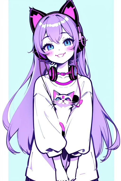 Two-headed character、Cute Girls、One girl、
Big Mouth、Small Nose、Cat eyes covering half of the face、smile、
solo, One girl, , Shy, Illustration, chest,
Headphones,