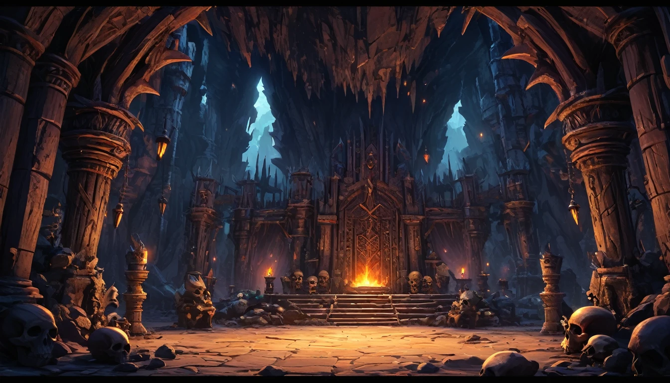 (anime: 1.5, dark fantasy: 1.5, throne: 1.5), ((best quality, highres, HDR:1.2)), vibrant colors, dangerous atmosphere, ((goblin king throne)), ((goblin lair: 1.5)), ((cave, obsidian cavern)), ((scratch banner)), ((totem, tribal, skulls, spikes)), dark :1.4, general shot