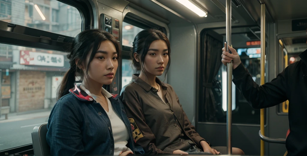 Korean woman sitting on the left side, chinese man sitting on the right side, on the bus, animation character, stylized character, animation style rendering, 3D stylized, Arnold Maya rendering, Render 3D stylized, Toon render keyshot, 3D character, 3D character, Stylized 3D rendering, 3d character rendering, cartoon character, Close-up character, Character pose, (pixar style) (master part:1.2) (bokeh) (Best Quality) (detailed skin) (detailed texture) (8k) (clay) (cinematic lighting) (sharp focus