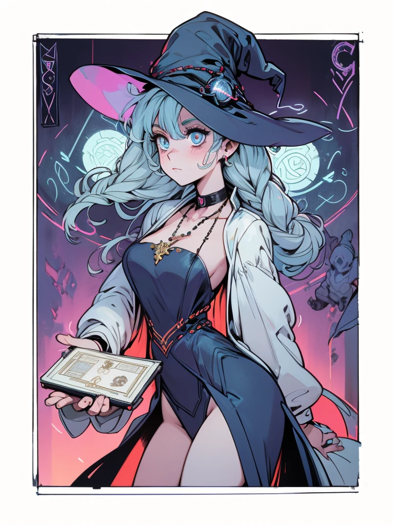 depicts a modern-day witch who has embraced the world of cybernetics to enhance her magical abilities. The artwork should convey the enchanting blend of traditional witchcraft and futuristic technology. Here are some specific elements to include: The Witch's Lair: The setting should be a cozy yet slightly eerie room, filled with magical books, crystal balls, potion ingredients, and antique furnishings. The room should be dimly lit by candles and a soft, mystical glow emanating from her cybernetic enhancements. The Cyborg Witch: The central focus of the artwork is the witch herself. She's a striking figure with a mix of traditional witch attire and cybernetic enhancements. Her clothing should have a witchy, occult aesthetic, with flowing robes, a pointed hat, and an intricate pentagram necklace. Her arms, however, have been upgraded with cybernetic components that incorporate magical symbols and glowing runes. Magical Interface: The witch is in the midst of casting a spell, with a holographic, touch-screen interface floating before her. This interface includes spell incantations, arcane symbols, and digital components, demonstrating her fusion of magic and technology. Spell Ingredients: On a nearby table, there should be a collection of spell ingredients, like herbs, potions, and magical artifacts. Some of these items may have been modified with cybernetic enhancements, blurring the line between the natural and the technological. Familiar: The witch's familiar, perhaps a cat or raven, should be present in the scene, serving as her magical companion. The familiar could also have subtle cybernetic enhancements or glowing eyes. Glowing Runes: The room should be adorned with ancient symbols and glowing runes on the walls and floor, contributing to the magical atmosphere. Aetherial Lighting: Use a combination of mystical, ethereal lighting and cybernetic glows to create a captivating interplay of light and shadow. The contrast between the tradit