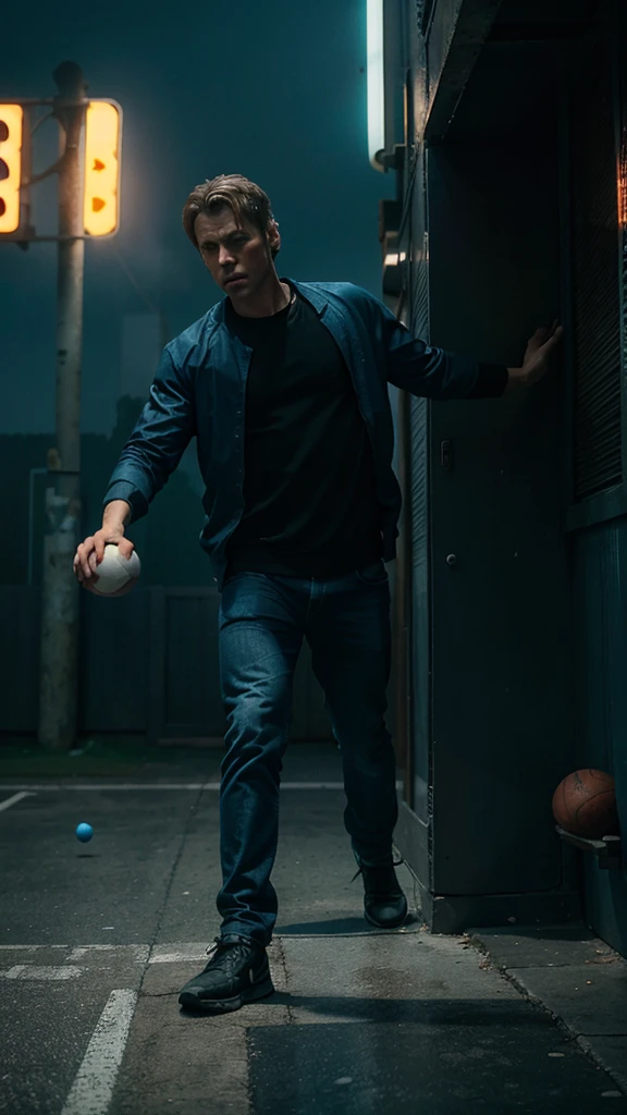 Leo love to play ball with his friends but wouldn't pass the ball, 8k realistic imagery, blue scenery like a movie scene, old american setting, inspired by blade runner movie scene, blue tone,