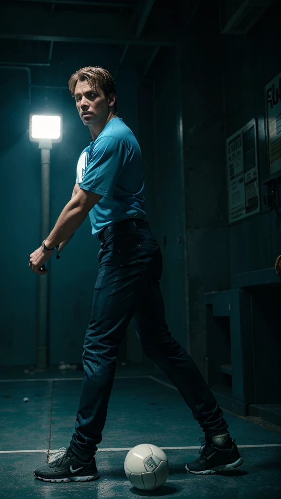 Leo love to play ball with his friends but wouldn't pass the ball, 8k realistic imagery, blue scenery like a movie scene, old american setting, inspired by blade runner movie scene, blue tone,
