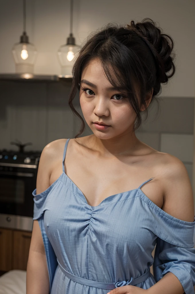 medium long shot: a 20yo thaiwanese woman , slightly overweight , wear soft v neck blue night gown, off shoulder, gray French twist hairstyle ,looking to viewer with a little cute angry face, pouting lips, both hand on the hips,