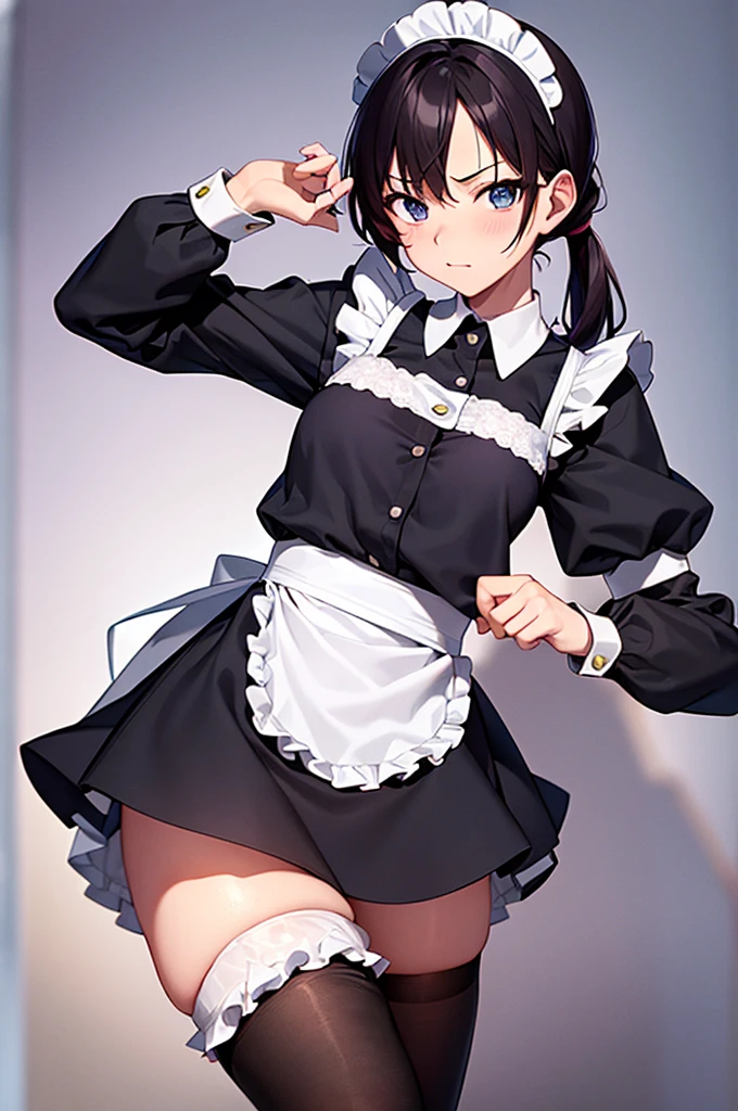 maid costume、black tights、Leg spread