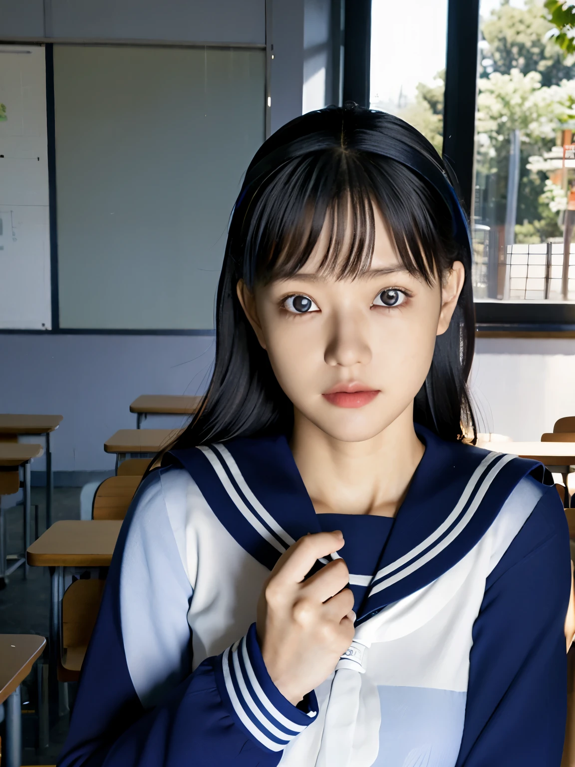 
lens: 135mm f1.8, (Highest quality),(RAW Photos), (Tabletop:1.1), (Beautiful 13 year old Japan girl), Cute Face, (Deeply chiseled face:0.7), (freckles:0.4), Spotted sunlight, Dramatic lighting, (Sailor suit), dark blue, Long sleeve, (In the classroom), shy, (Close-up shot:1.2), (Anxious expression)