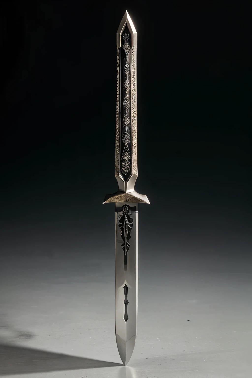 a sword stuck vertically. The sword has a long elegant blade, Made of tempered steel that shines with a polished finish. The blade is straight and sharp, with intricate engravings along the edge. The image view is front.