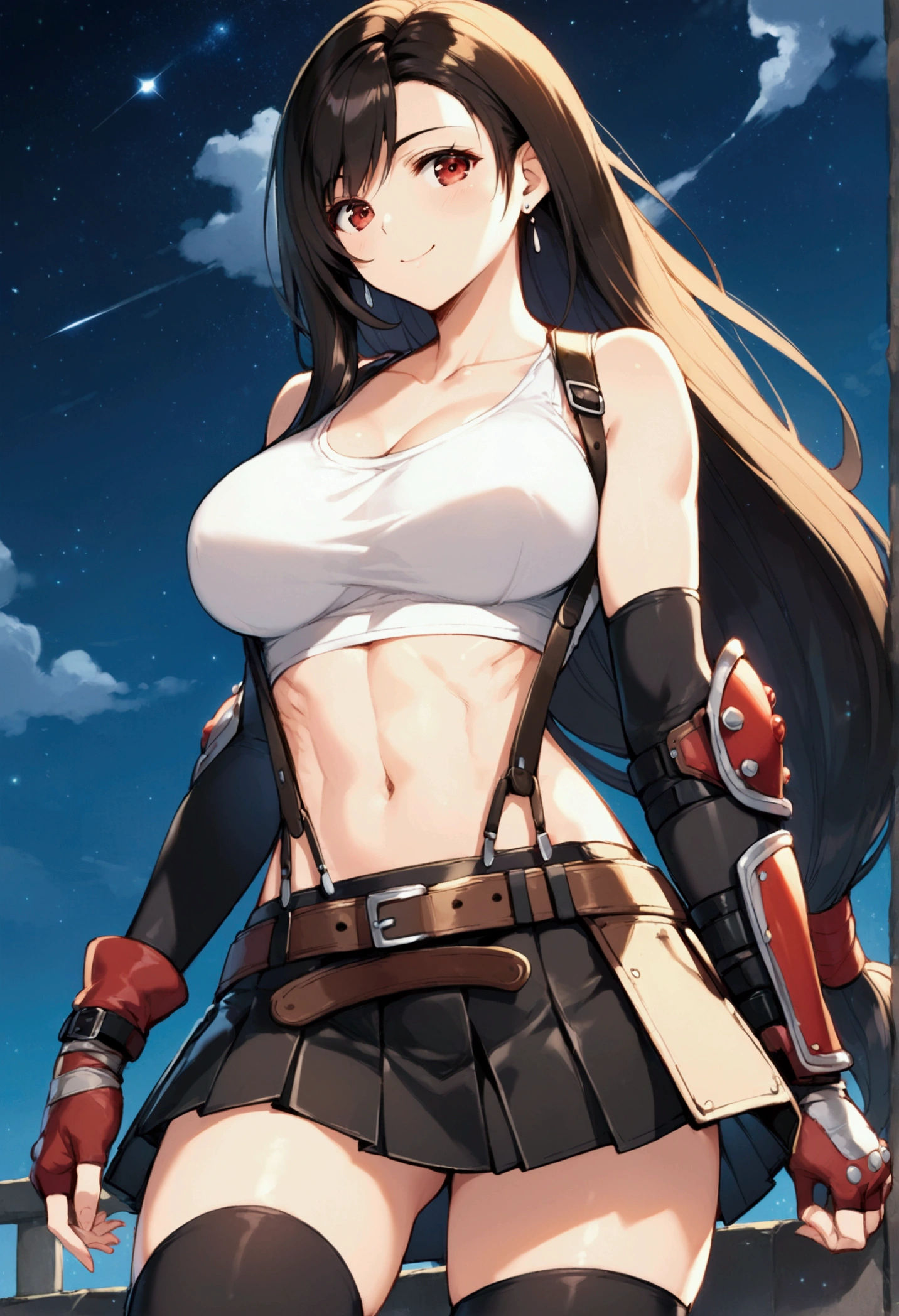 (score_9,score_8_up,score_7_up), masterpiece, best quality, 
newest, recent, perfect anatomy,
official art, very aesthetic,pose,,,(upperbody) ,Solo,1girl, tifa lockhart, final fantasy,black hair, low-tied long hair, red eyes, bangs, (white tank top,gap),(High exposure，Belly exposure，the ribs)，(belt, pleated skirt, thighhighs, elbow fingerless gloves, elbow pads, midriff, navel,suspenders.skirt),beautiful waist ,(large_breast:1.3),light smile,,,outdoor,star sky,night, 　　