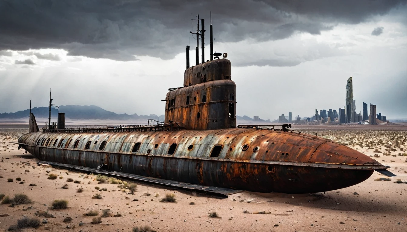 large rusty war submarine abandoned in desert, post apocalyptic, dark cloudy, and city in the background
