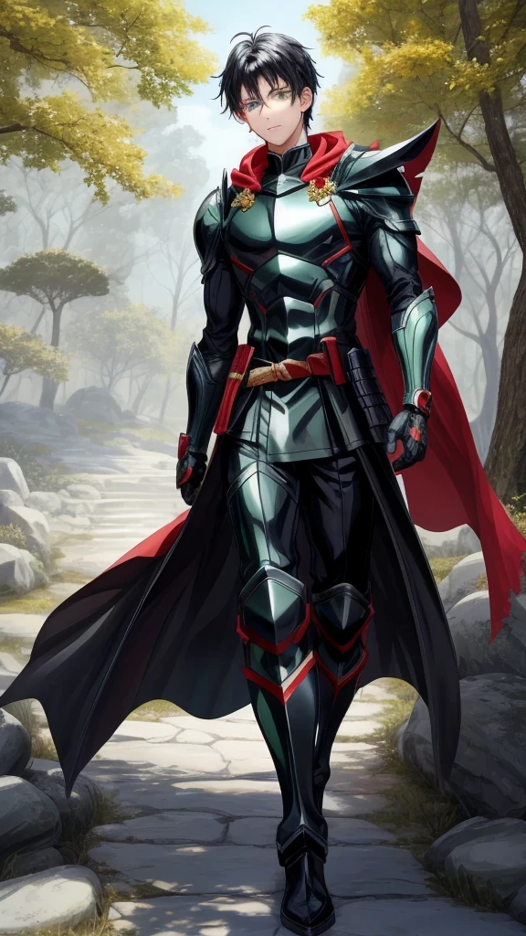 Anime, 18 year old boy, {perfect, detailed face}, {black hair}, {green eyes}, {full, detailed body}, {detailed black and red armor}, {from the front}, {looking at camera}, {walking towards viewer},{White stone floor},[forest in the background}, {Blue sky}