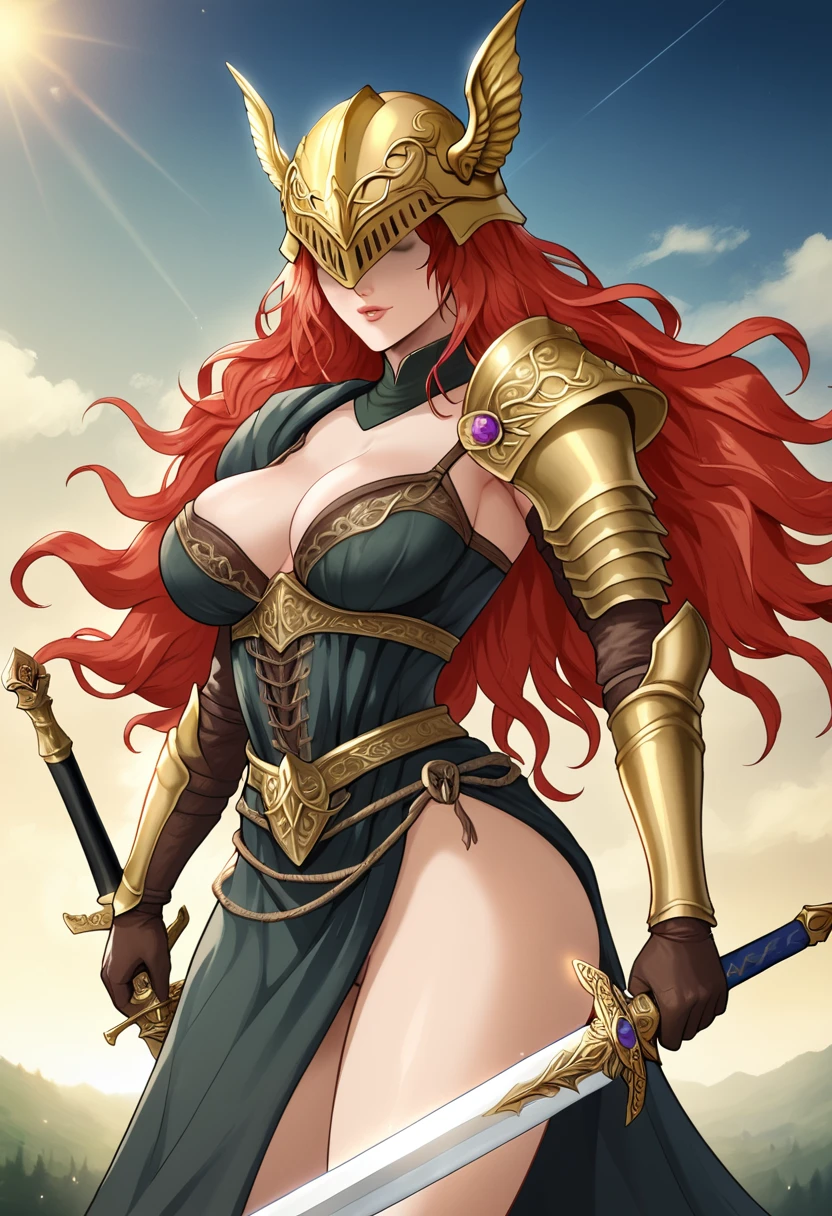 Malenia blade of Miquella from Elden Ring, Red hair, golden helmet, Sword, not visibles eyes. Sexy. no background. Masterpiece, UHD