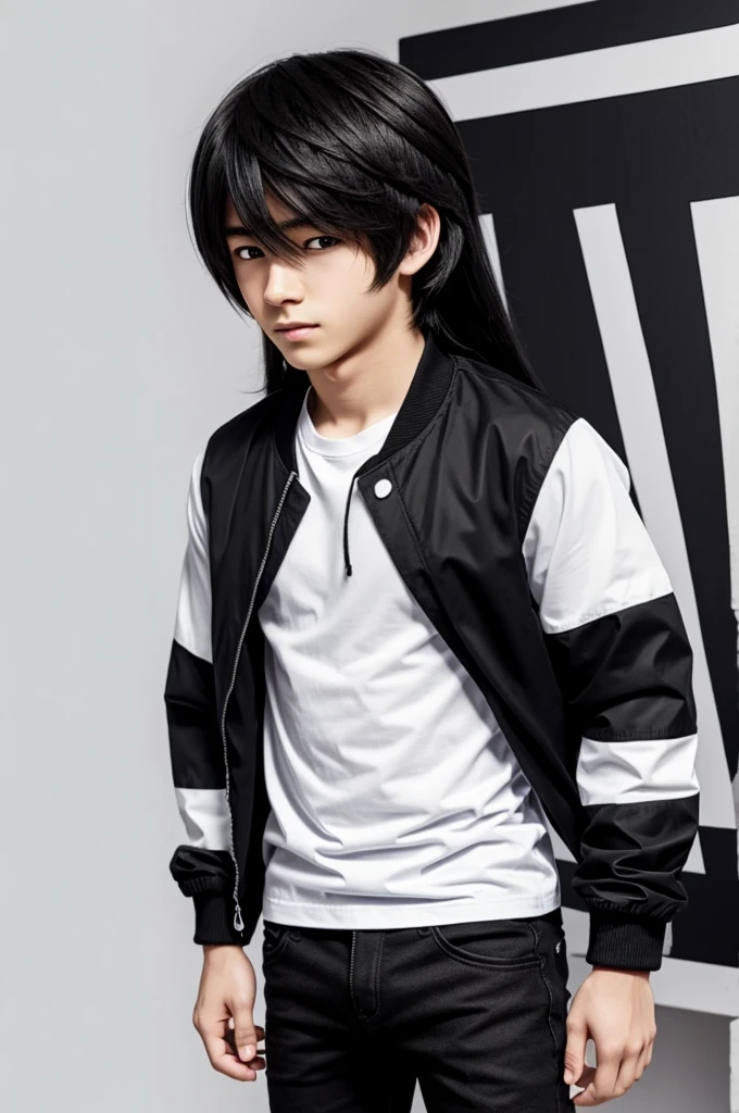 Make a cute anime boy wearing black jacket over white t shirt whit long hair Minecraft animate background 2d