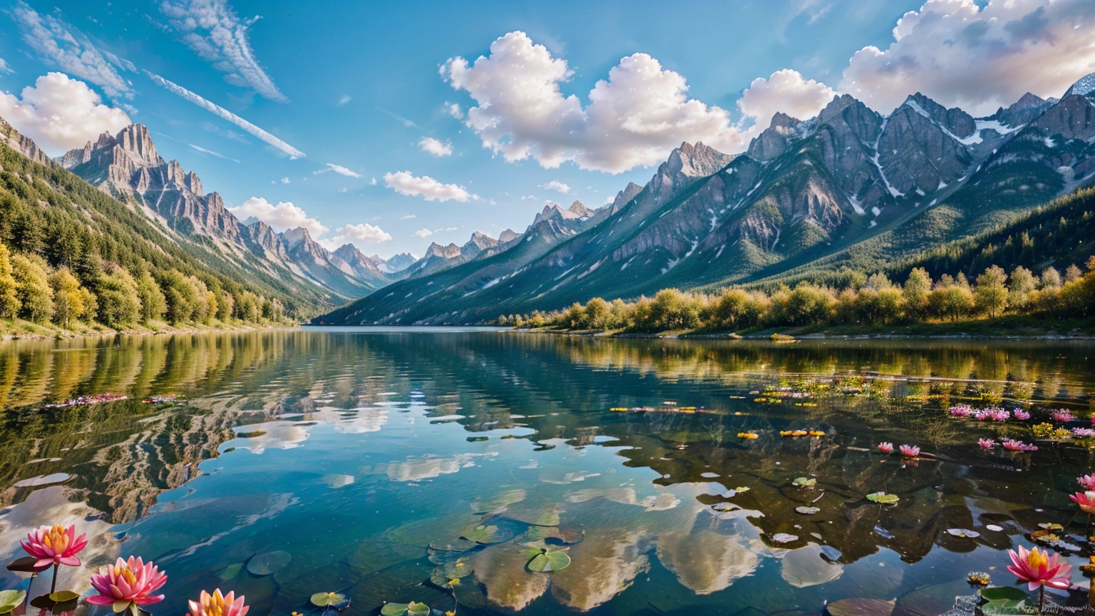 (create an ultra-high definition, hyper-realistic, highly detailed, high-quality image, sharp focus, professional lighting, vivid colors, warm tones and intricate details, representing in detail a beautiful valley on a sunny day, with lake high mountains in the background, water lilies and crystal clear water reflecting the clouds in the sky, colorful flowers, lively atmosphere and relaxed attitude, meticulously capturing every intricate detail),