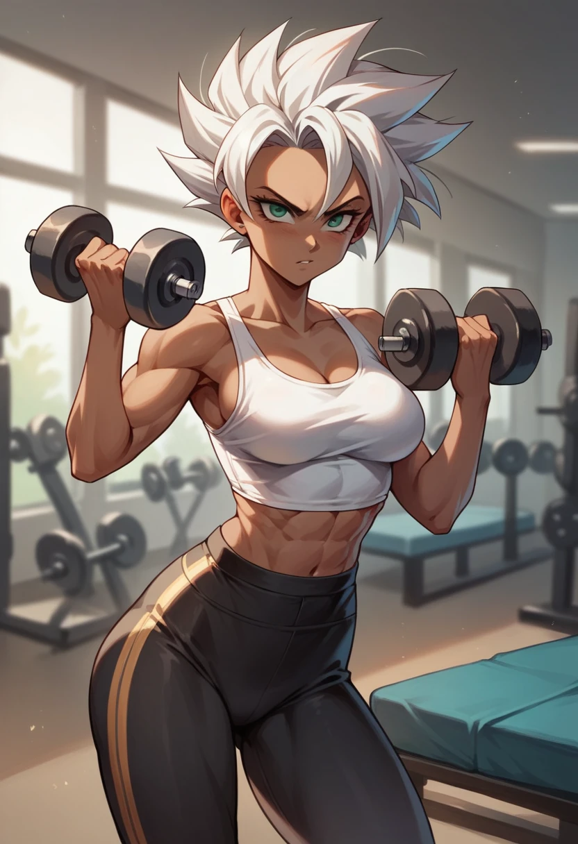 Dark skinned milf,Cat's ears,White hair,Gym clothes,Masturbating,sweaty branded clothes showing nipples 
