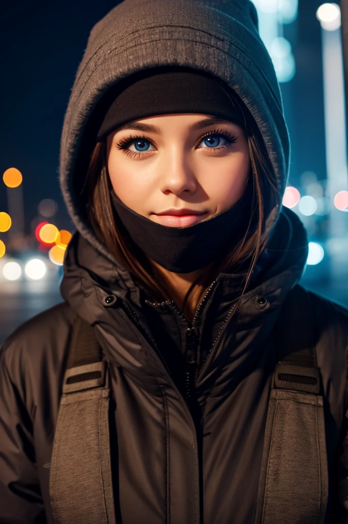 create a woman face with ski mask with cute eyes, at night city background