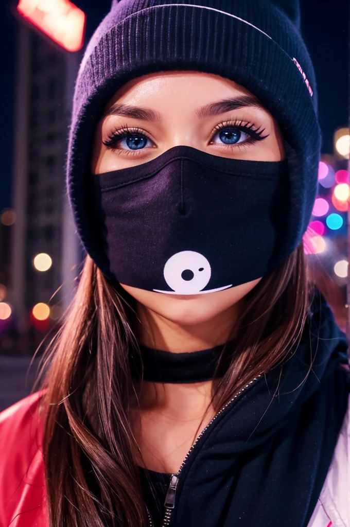 create a woman face with ski mask with cute eyes, at night city background
