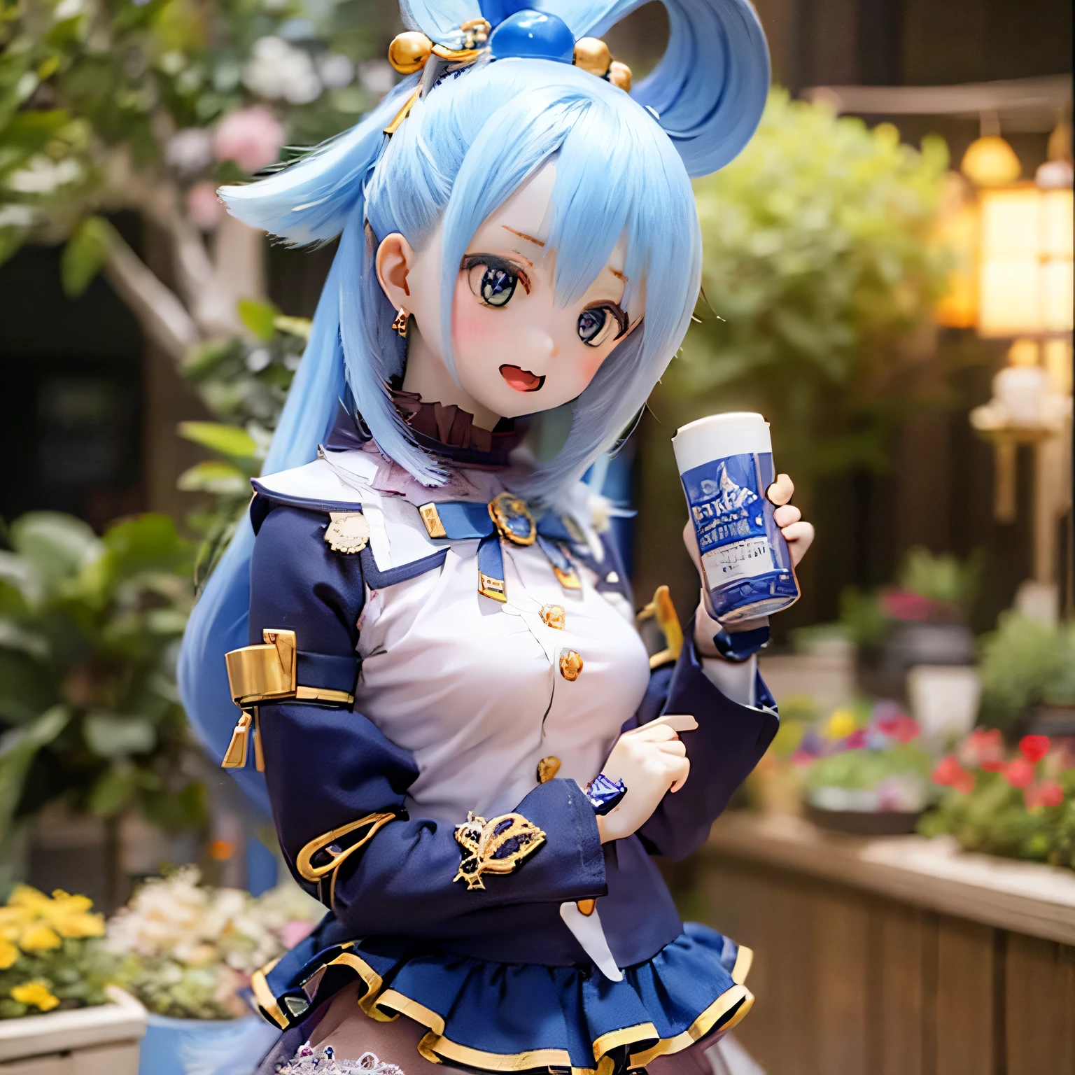 (a young girl and) Blue Hair, (wear) a white and blue dreSS, (Holding) staff, (Standing) wealthy, Vibrant Gardens, (and) in a bar (Holding a mug and drinking beer) Around her, (Down) Clear blue sky.(((((punch)))))
(Portraiture) girl&#39;S, (Realistic) rendering, (and) (Very detailed) Features, (Inclusive) Sparkling Blue Eyes, (薔薇Farbeの) lips, and (length) eyelash.
(Highest quality, 4K, High resolution) image, (and) (vivid) Farbe, (Emphasis expressed) girl&#39;s and lively appearance.
(the garden iS filled and)  (end) a warm and inviting atmoSphere, (and) Light up the scene.villain poSe
have a magic wand (((open your mouth and laugh)))