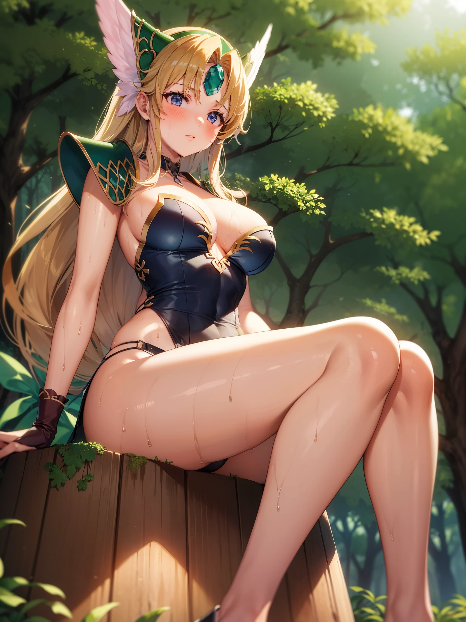 One girl,lease,Green shoulder armor, sweating,blush,vapor, Cleavage,Wet body, Inverted hair,Underarm,greasy Underarm,smooth Underarm,in the forest,Sitting on a tree stump,Crossing your legs,From below
