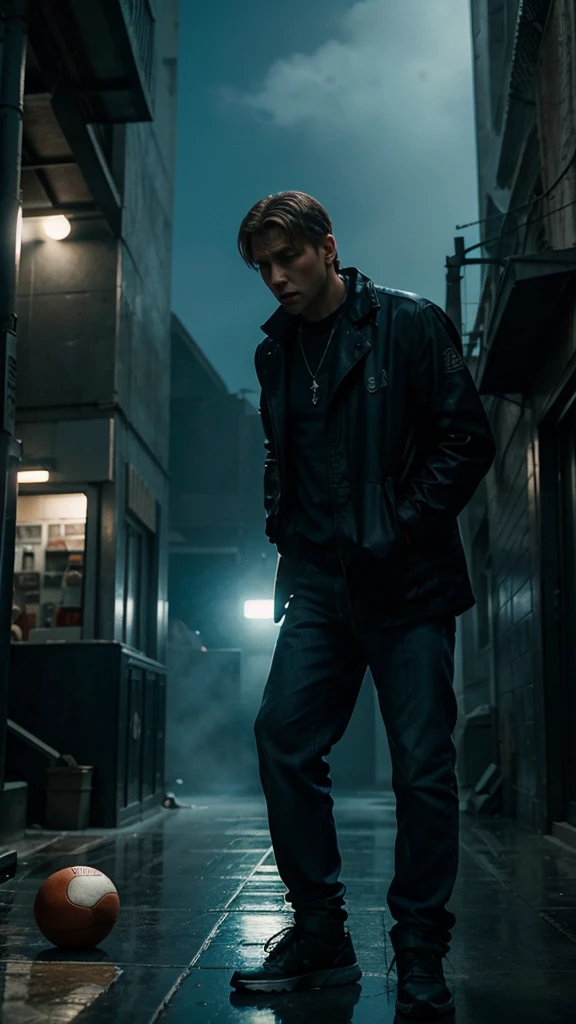 Leo playing ball with his friends but wouldn't pass the ball, 8k realistic imagery, blue scenery like a movie scene, old american setting, inspired by blade runner movie scene, blue tone,
