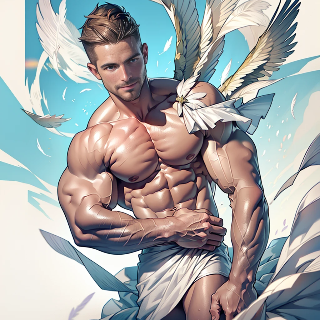 Clear background、A handsome tall man standing (((Stephen AMELL))) ,He is 28 years old,Thin waist,The pectoral muscles are well developed, He is 175cm tall,Weight 62 kg、blue-green eyes、brown hair color、short hair、Topless、looking to the viewer,Smile,Lots of falling feathers,Covered in transparent white sheets,Kneeling on the bed,pillow fight,holding pillow in hand,White feathers are floating everywhere,