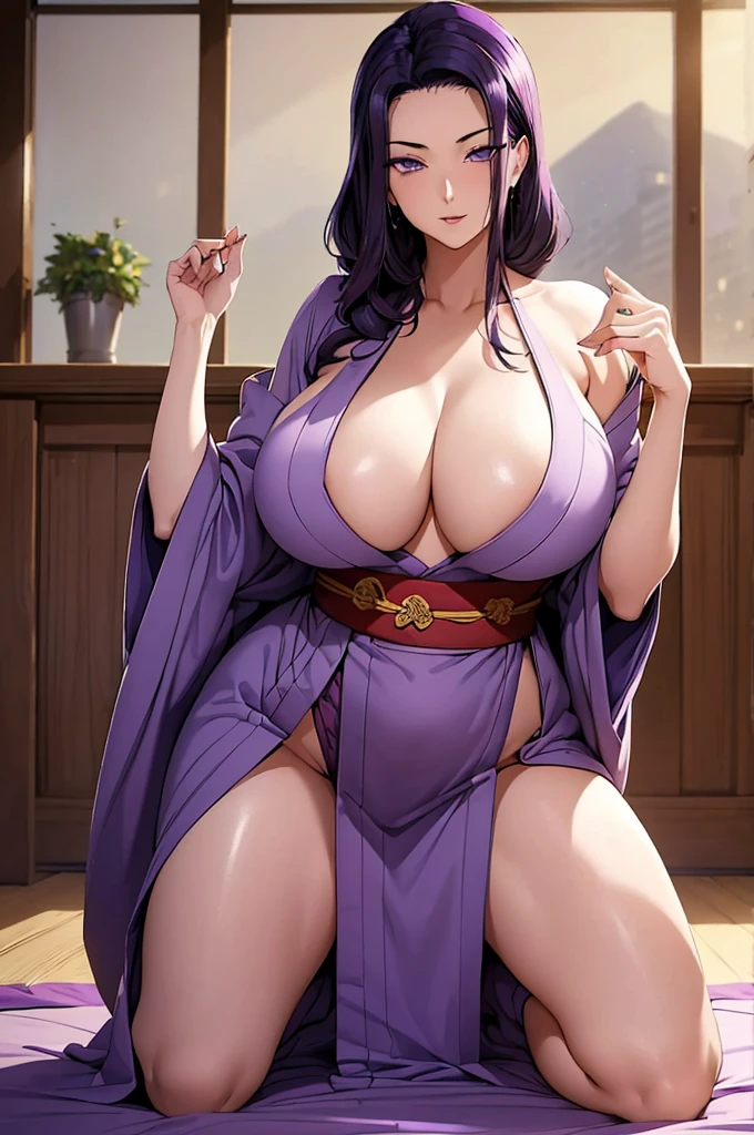 (masterpiece, best quality, detailed illustration, high resolution), ((1girl, solo)), ((huge breasts, large breasts, slim waist, long legs, fit body, toned body)), ((purple hair)), ((kimono)), ((full body, closeup view)), ((standing)), ((facing the viewer)), office setting, ((fair skin)), oiled skin, ((large breasts, mature woman, mature female, mature lady)), (long hair), (detailed eyes), ((kneeling)), (purple hair), (slicked hair, front bangs)