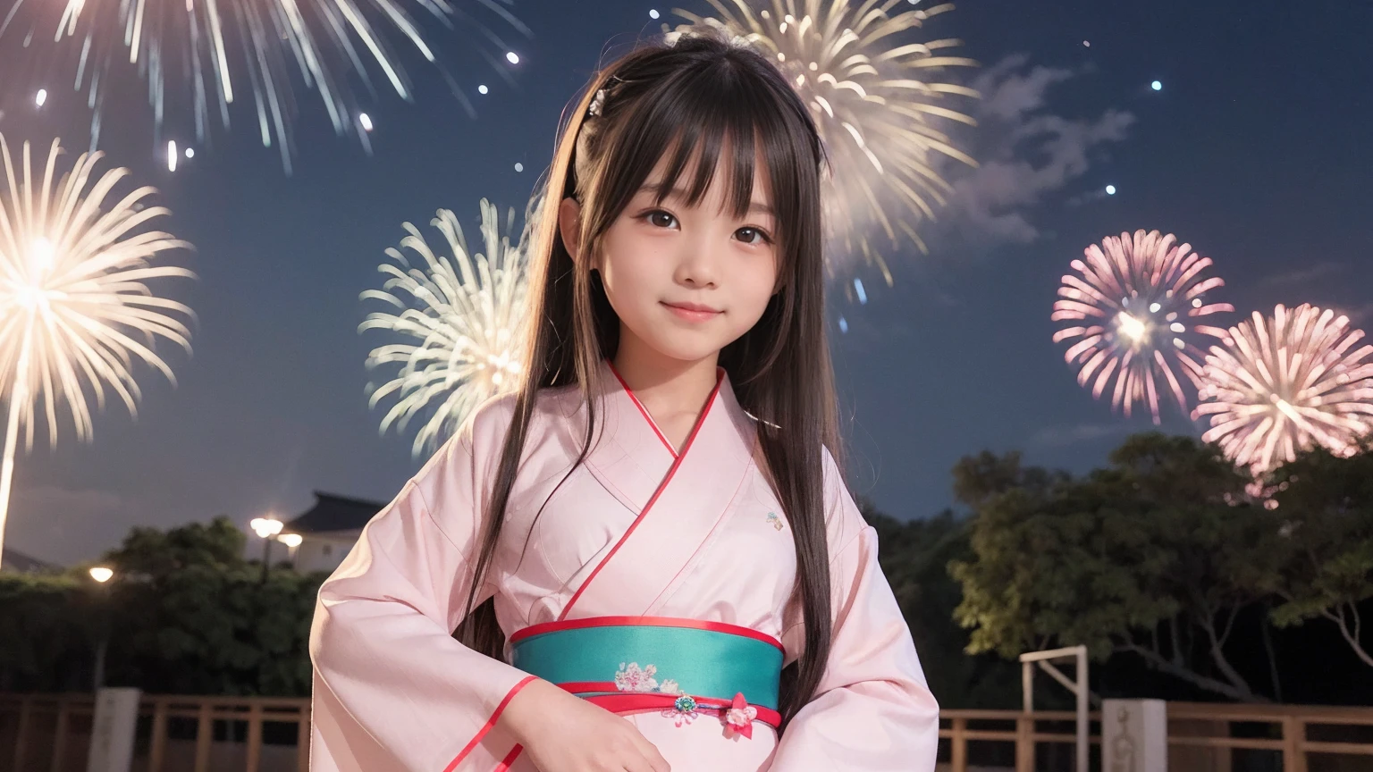 very cute、、girl、Long Straight Hair、Beautiful yukata、Night Sky、Countless fireworks、smile、






















