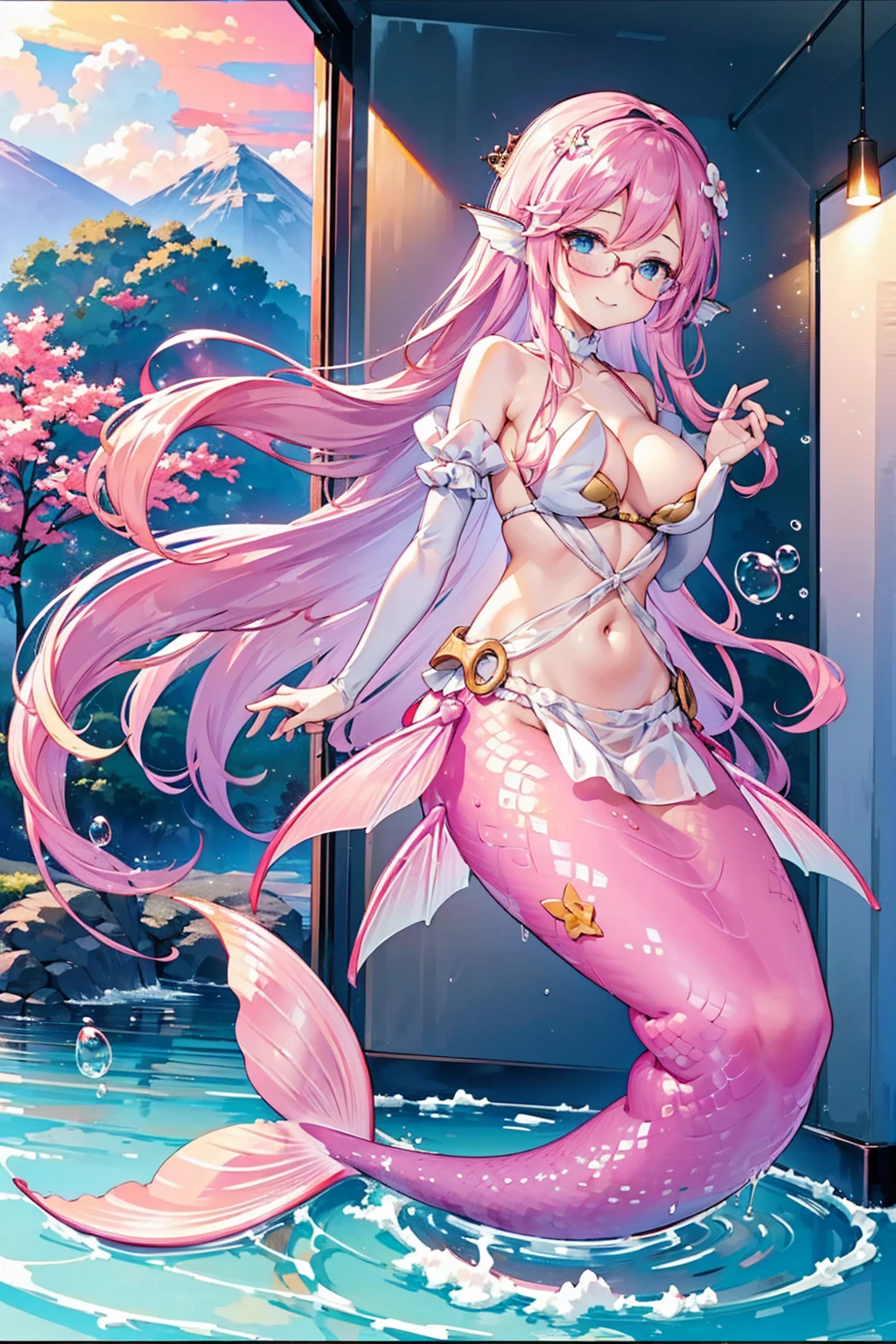 masterpiece, best quality,A girl,Pink hair,White Dress,blue eyes,Head fin,Glasses,独奏,Large Breasts,Mermaid,粉色的Mermaid尾巴,full-body shot,transportation facilities_against_window,Pink Theme, (in water:1.2), (air bubble:1.3), Inside the train, (surreal:1.2), (whale:1.1),blurred foreground,charming face(Kawaii, charming,Soft),Looking at the audience,Smile