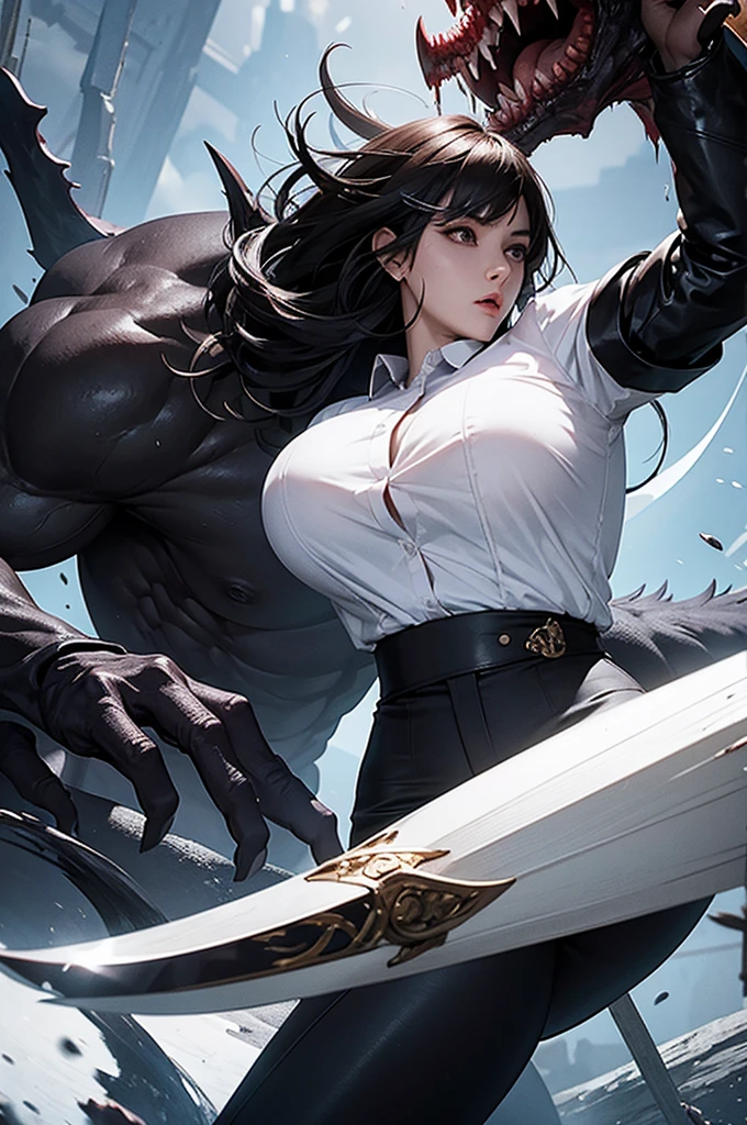 beautiful girl fighting with massive monster, she wear white shirt and black pants, perfect body, using sword, fight with scary monster, may monster, surrounded by monster, bloody