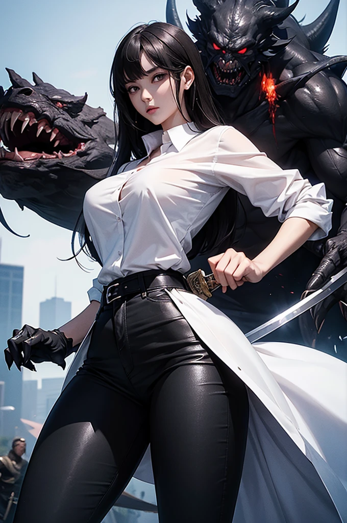 beautiful girl fighting with massive monster, she wear white shirt and black pants, perfect body, using sword, fight with scary monster, crowd of monster, surrounded by monster, bloody