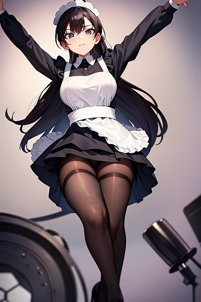 maid costume、black tights、Leg spread