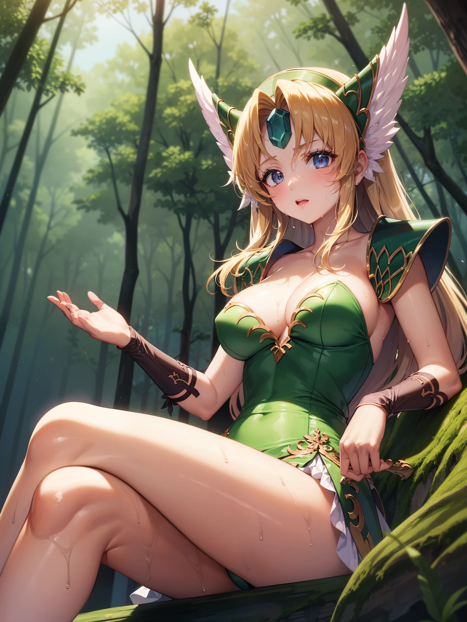 One girl,lease,Green shoulder armor, sweating,blush,vapor, Cleavage,Wet body, Inverted hair,Underarm,greasy Underarm,smooth Underarm,in the forest,Sitting on a tree stump,Crossing your legs,From below