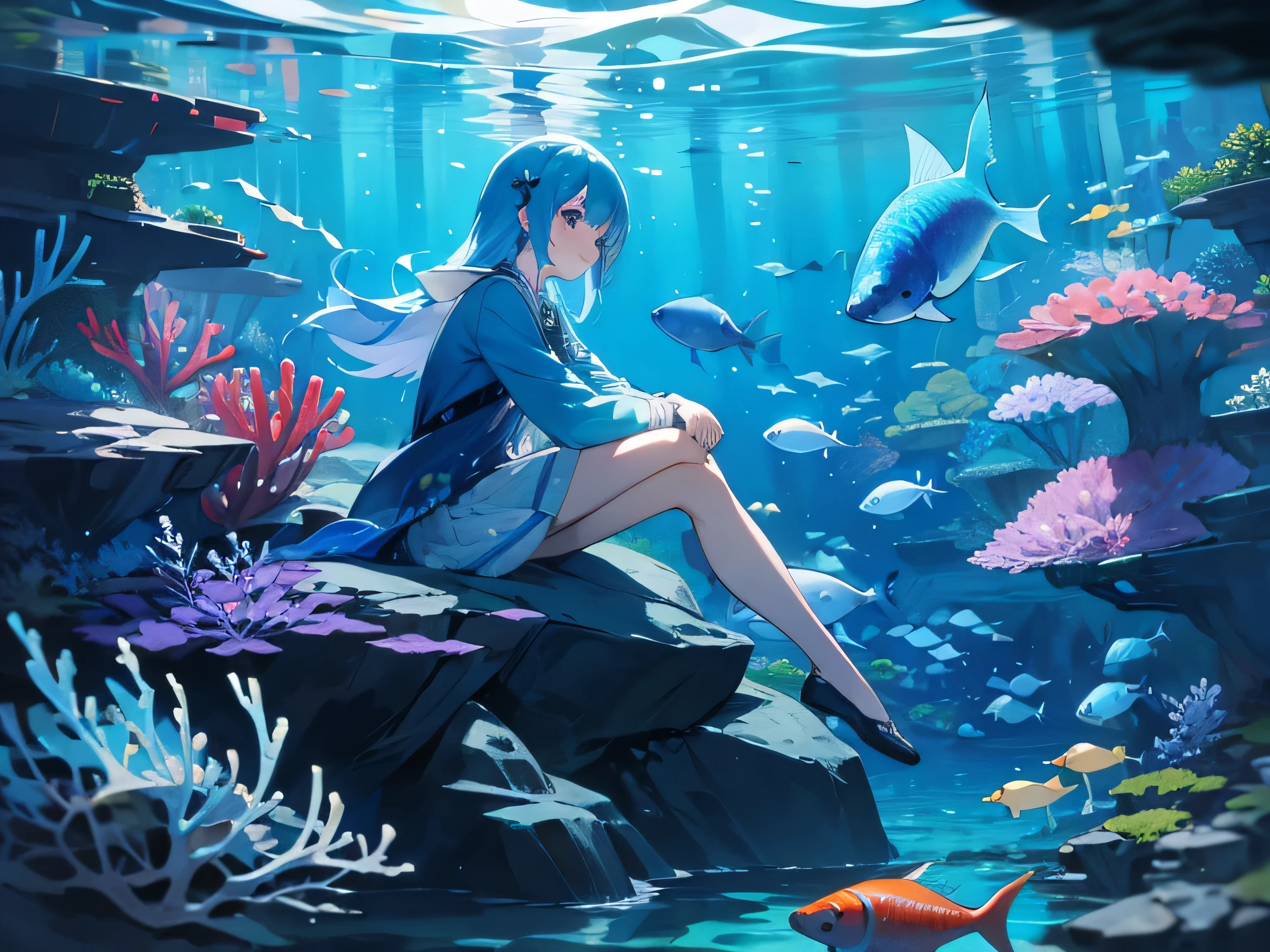 girl , sit on rock under the sea , on under water, blue hair, zoom on character, fish and sea creatures