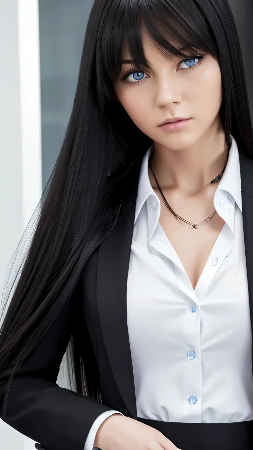 young woman,Very long straight black hair,blue eyes,Eyes are hidden by bangs,Black office suit,White shirt,Waist up shot,Sulky look