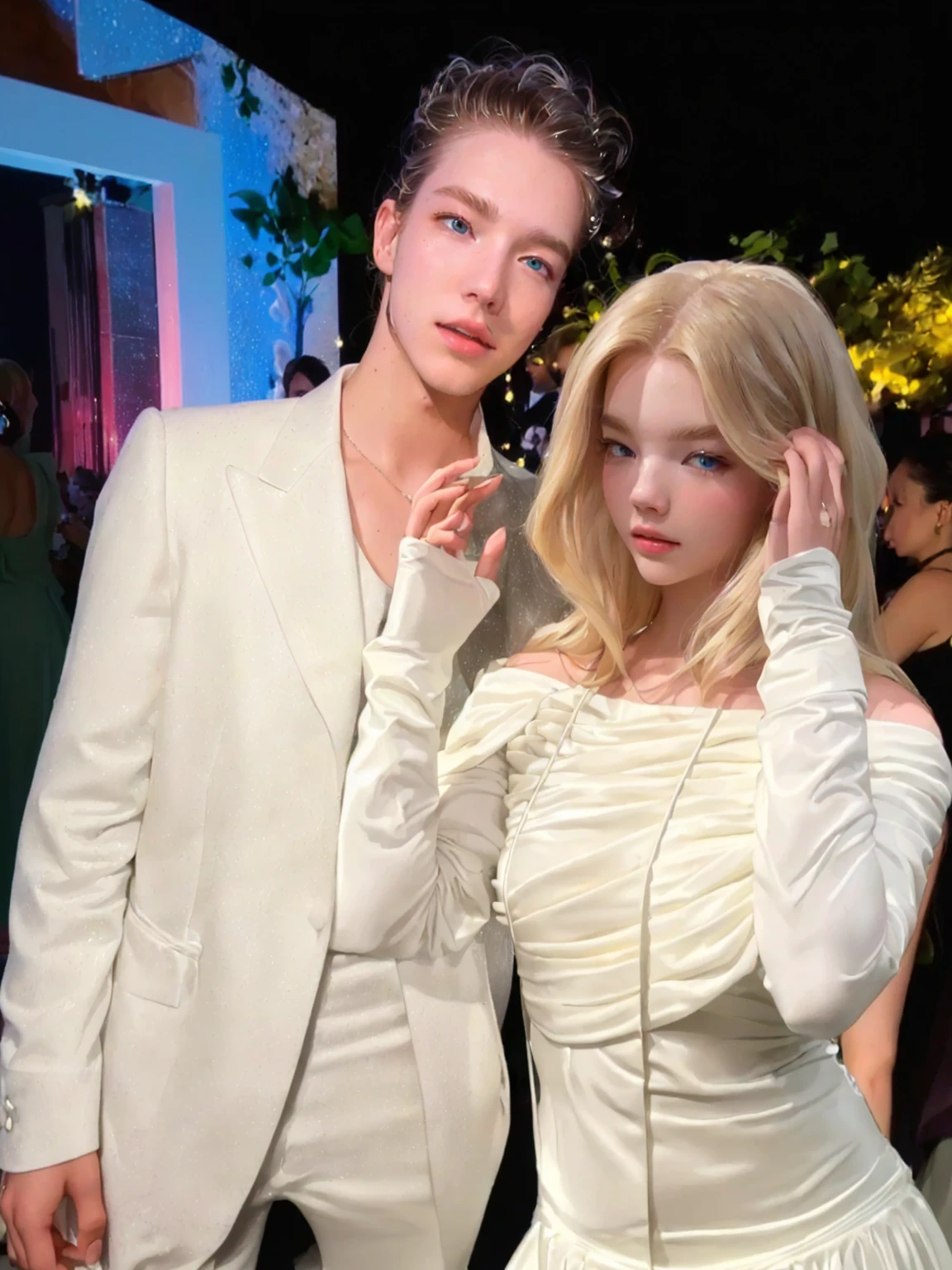 blonde-haired man in white suit and white dress posing with a woman, the bottom es celestial, ariana brand, Edited, james jean and petra cortright, Anya Taylor joy, ((oversaturated)), lv, Tyler, dressed Anya Taylor - joy, Anya Taylor-Joy, Anya Taylor - joy, soft on _ the bottom, Eyes_Taylor-Joy